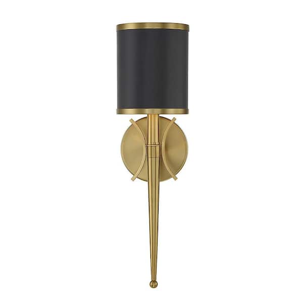 Quincy 5.25 in. W x 18.5 in. H 1-Light Matte Black with Warm Brass Accents Wall Sconce with Metal Shade