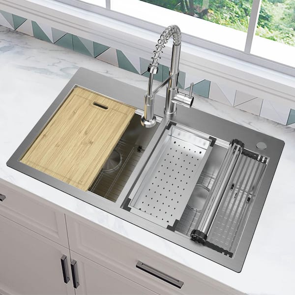 Professional 36 in. Zero Radius Double Bowl Drop-In Workstation Stainless Steel Kitchen Sink with Accessories