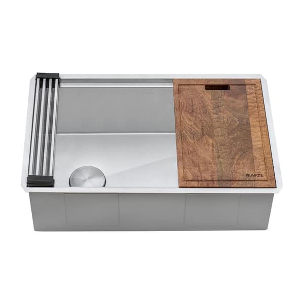 Veniso 16 Gauge Stainless Steel 27 in. Single Bowl Undermount Workstation Slope Bottom Offset Drain Kitchen Sink