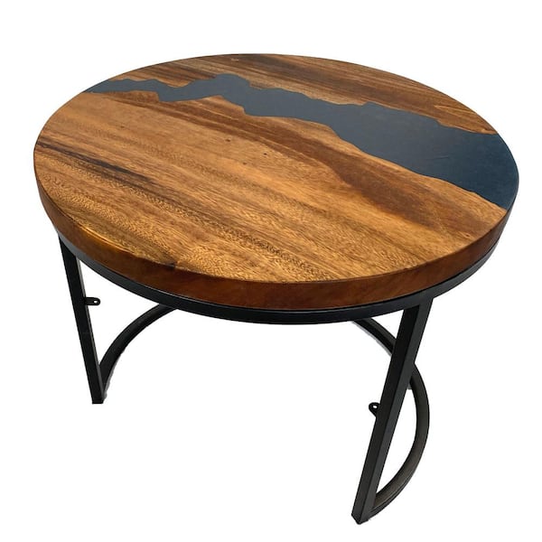 2 ft. L x 24 in. D UV Finished Saman Solid Wood Butcher Block Circular Countertop With Eased Edge and Blue Epoxy River