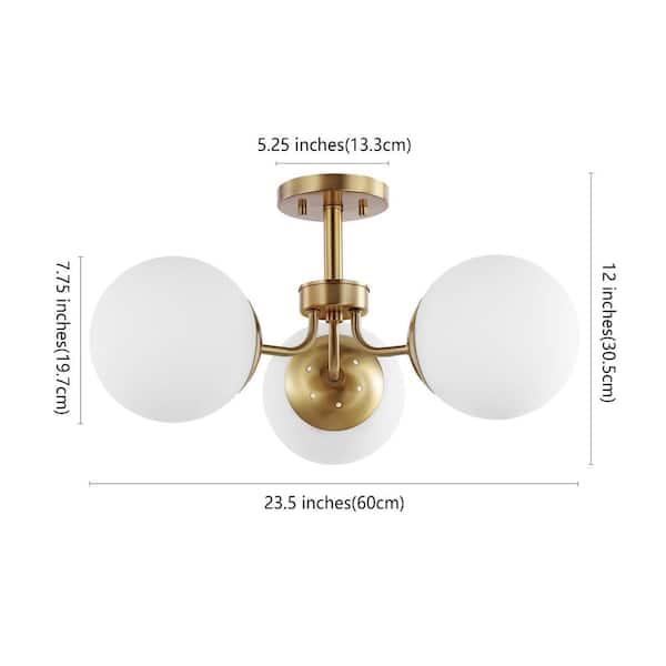 Olivier 23.5 in. 3-Light Brass Gold Bohemian Farmhouse Iron/Frosted Glass LED Semi Flush Mount, White