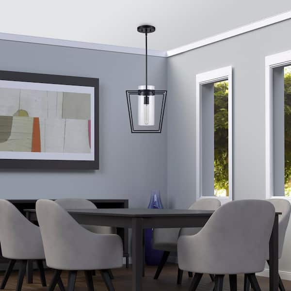 12 in. 1-Light Black Pendant Light Fixture with Clear Glass Cylinder Shade