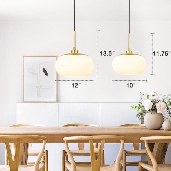 1-Light Opal Glass Pendant Light in Antique Brass Finish