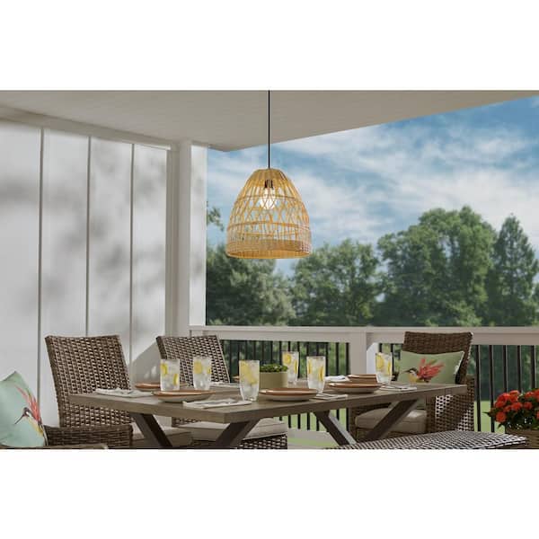 Woods Bay 1-Light Black Outdoor Pendant Light with Tan Resin Wicker Shade