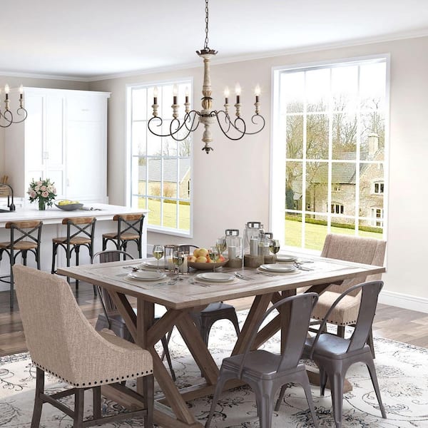 Farmhouse Antique Wood Candlestick Island Chandelier, Classic 6-Light Rustic Rusty Bronze Light with Imitation Gold Leaf