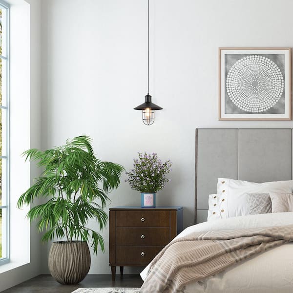 Modern Industrial 1-Light Black Pendant with 10.2 in. W Clear Glass Shade Metal Wire Cage Shade Barn Ceiling Chandelier