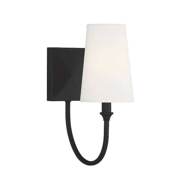 Cameron 5 in. W x 13 in. H 1-Light Matte Black Transitional Wall Sconce with White Fabric Shade