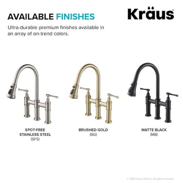 Allyn Double Handle Transitional Bridge Kitchen Faucet with Pull-Down Sprayhead in Brushed Gold