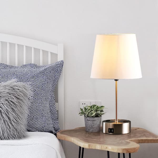 19 in. Brushed Nickel Touch Control Desk Lamp with Charging Outlet and USB Port