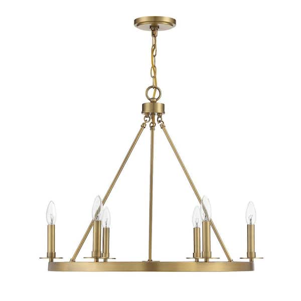 26 in. W x 22 in. H 6-Light Natural Brass Wagon Wheel Metal Chandelier with No Bulbs Included