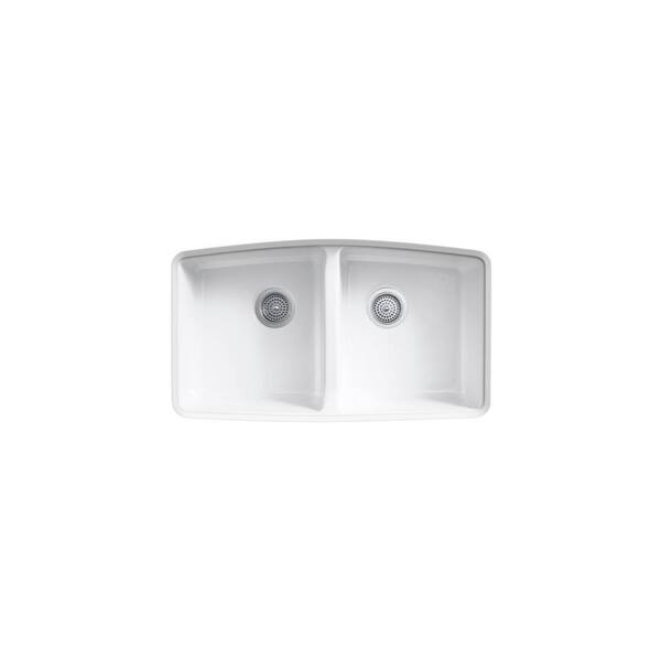 Brookfield Undermount Cast Iron 33 in. 5-Hole Double Bowl Kitchen Sink in White
