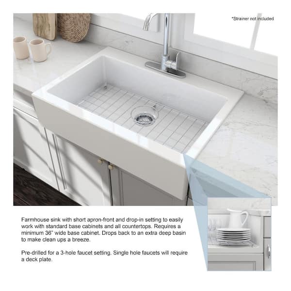 Farmhouse Apron-Front Fireclay 34 in. 3-Hole Single Bowl Kitchen Sink in White with Bottom Grid