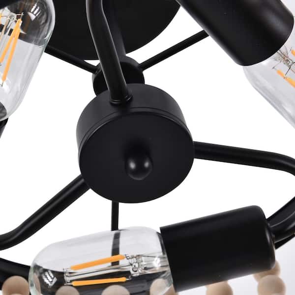 13 in. 3-Light Matte Black Wood Bead Semi-Flush Mount Ceiling Light Farmhouse Boho Light Fixture
