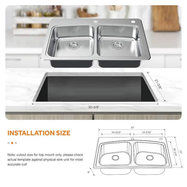 All-in-1-Drop-In Stainless Steel 33 in. 2-Hole 50/50 Double Bowl Kitchen Sink with Pull-Out Faucet