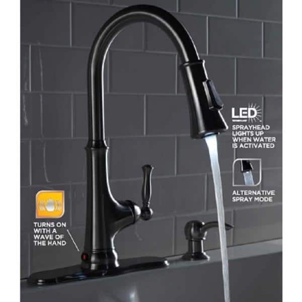 Touchless LED Single-Handle Pull-Down Sprayer Kitchen Faucet with Soap Dispenser in Stainless Steel