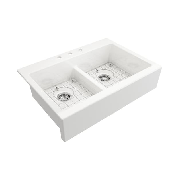 Farmhouse Apron-Front Fireclay 34 in. 3-Hole Double Bowl Kitchen Sink in White with Bottom Grid