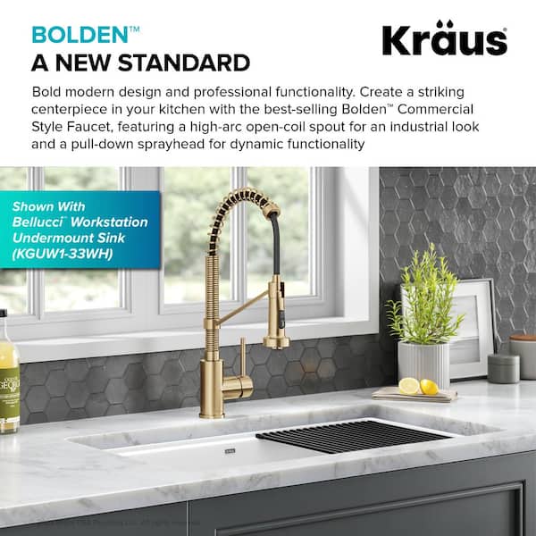 Bolden Commercial Style Pull-Down Single Handle 18-Inch Kitchen Faucet in Brushed Brass