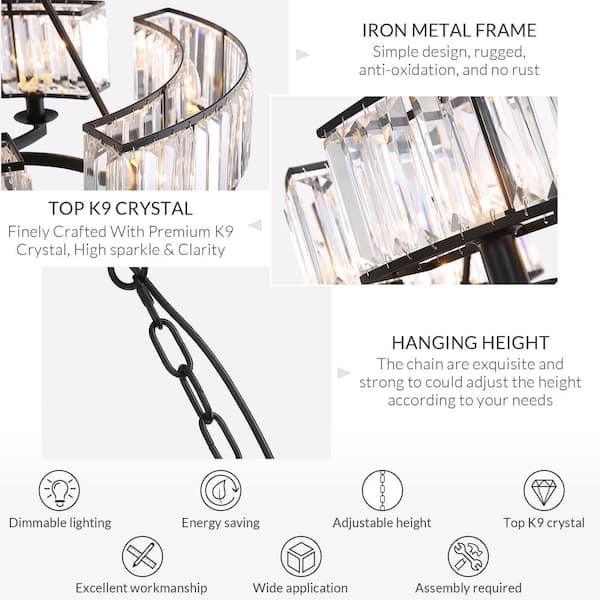 Modern Crystal Chandelier 26 in. 6-Light Black Drum Pendant Lighting Ceiling Semi Flush Mount