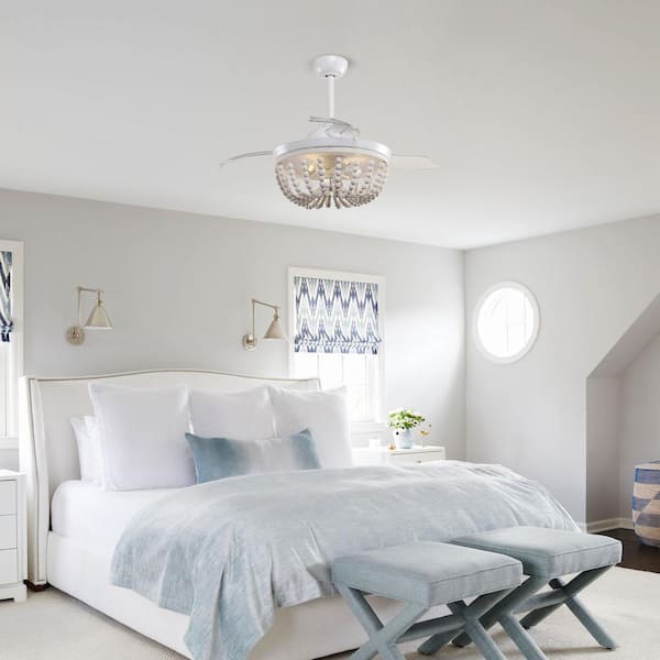 Huang 42 in. Wooden Beads Retractable 3-Blade White Ceiling Fan Chandelier with Remote Control and Light Kit