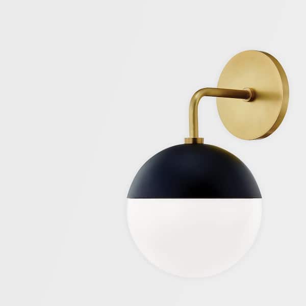 Renee 1-Light Aged Brass/Black Wall Sconce with Opal Glossy Shade