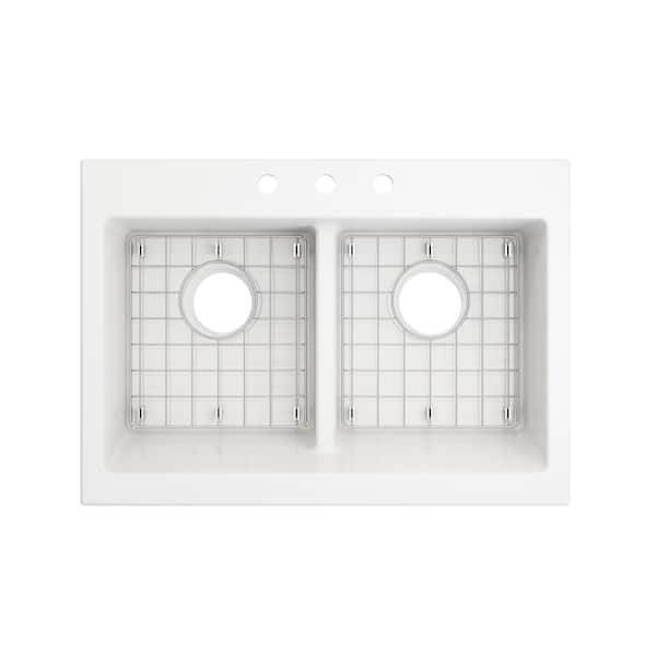 Farmhouse Apron-Front Fireclay 34 in. 3-Hole Double Bowl Kitchen Sink in White with Bottom Grid