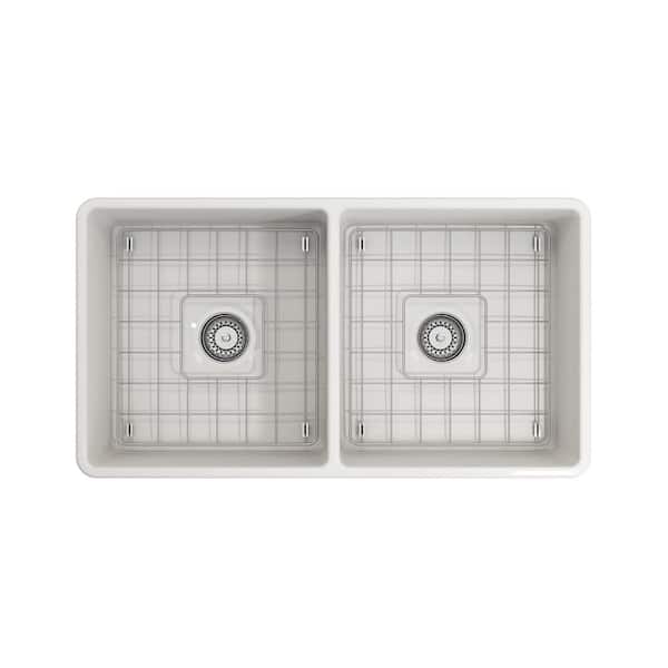 Classico Farmhouse Apron Front Fireclay 33 in. Double Bowl Kitchen Sink with Bottom Grid and Strainer in White