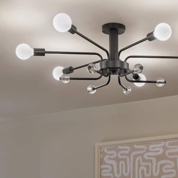 Ocala 41.25 in. 6-Light Black Living Room Art Deco Semi-Flush Mount Ceiling Light with Clear Crystal