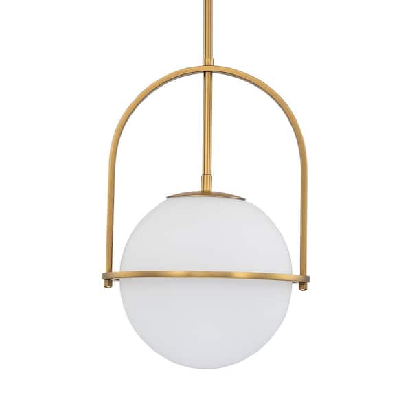 1-Light Antique Brass Sphere Shaded Pendant Light with Opal Glass Shade, No Bulbs Included
