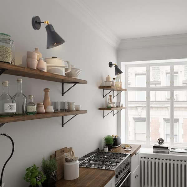 Modern Black and Brass 1-Light Swivel Wall Sconce with Bell Metal Shade Industrial Wall Light