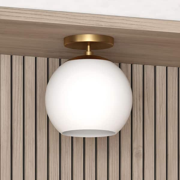 Bartlett 9 in. Brass Semi-Flush Mount with White Milk Glass Shade