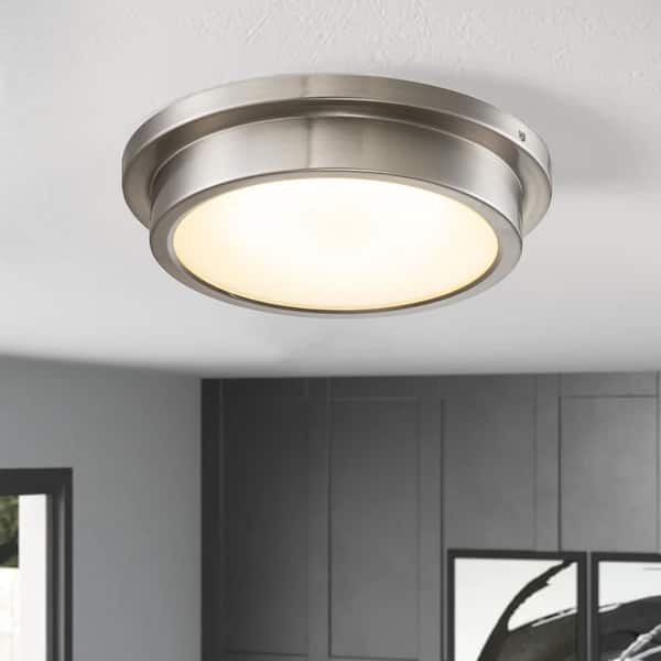 14 in. 1-Light Brushed Nickel Dimmable 30-Watt LED Flush Mount Ceiling Light with Glass Shade