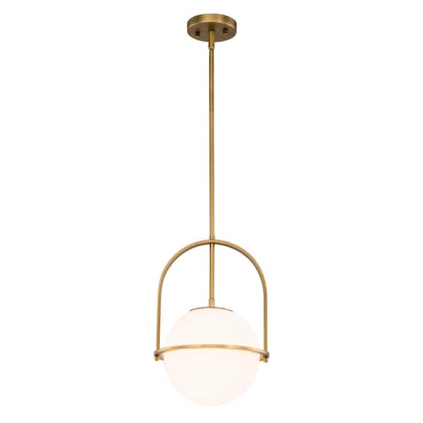 1-Light Antique Brass Sphere Shaded Pendant Light with Opal Glass Shade, No Bulbs Included