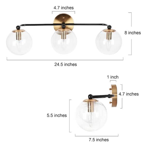 Modern 24.5 in. 3-Light Brass Gold Bathroom Vanity Light, Powder Room Rustic Black Vanity Light Seeded Glass Wall Sconce
