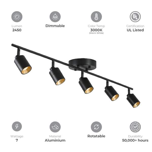 7-Watt 5-Bulb 2450 Lumens Black LED Track Lighting Kit with Fixed Rail Ceiling Light with Rotating Heads, 3000K