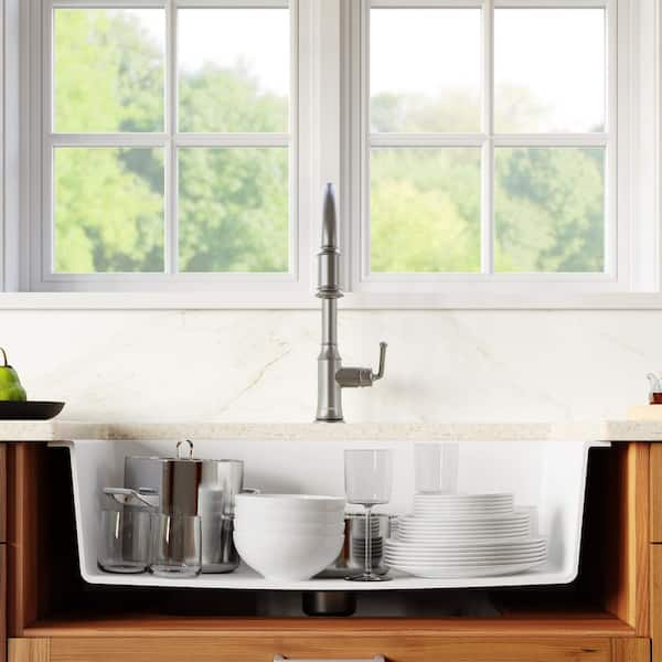 QA-740 Quartz/Granite 34 in. Single Bowl Farmhouse/Apron Front Kitchen Sink in White with Bottom Grid and Strainer