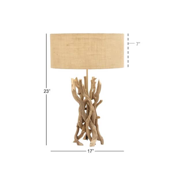 24 in. Light Brown Driftwood Handmade Task and Reading Table Lamp with Cream Linen Shade