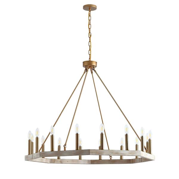39.4 in. 16-Light Farmhouse Brushed Gold Wagon Wheel Candle Chandelier Geometric Industrial Pendant Lighting