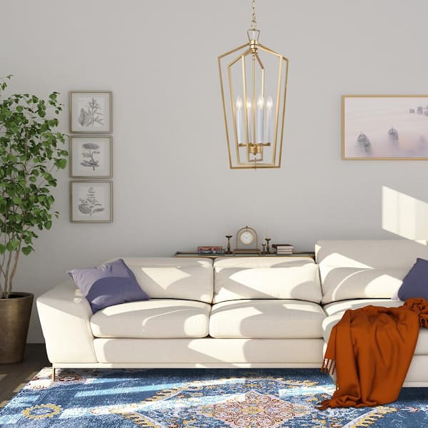 Gold Cage Pendant Light, Modern 4-Light Gold Geometric Dining Room Chandelier with Candle Style