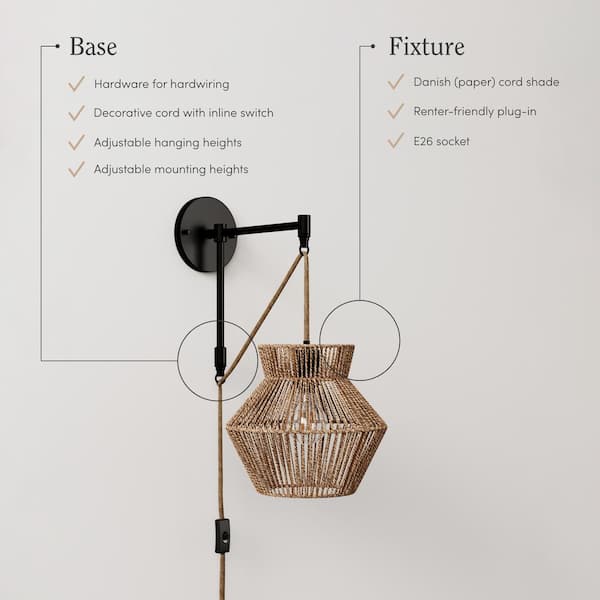 Ariel 10 in. W 1-Light Bohemian Plug-in Wall Sconce, Bedside Reading Lamp with Seagrass Shade, and Woven Rope Accent