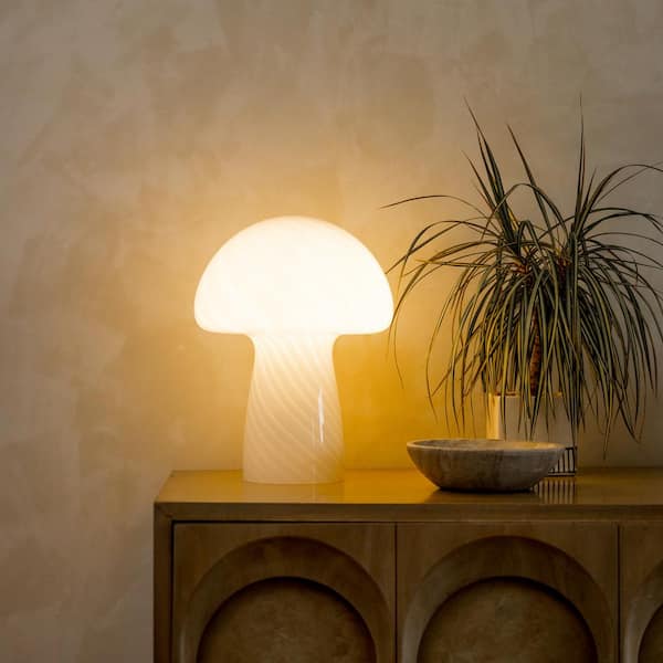 Mushroom 12.75 in. White LED Round Table Lamp with Striped Glass Shade