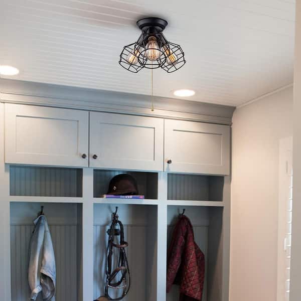 Hine 3-Light Modern Industrial Black Open Cage Semi-Flush Mount Light Versatile Ceiling Light with Pull String