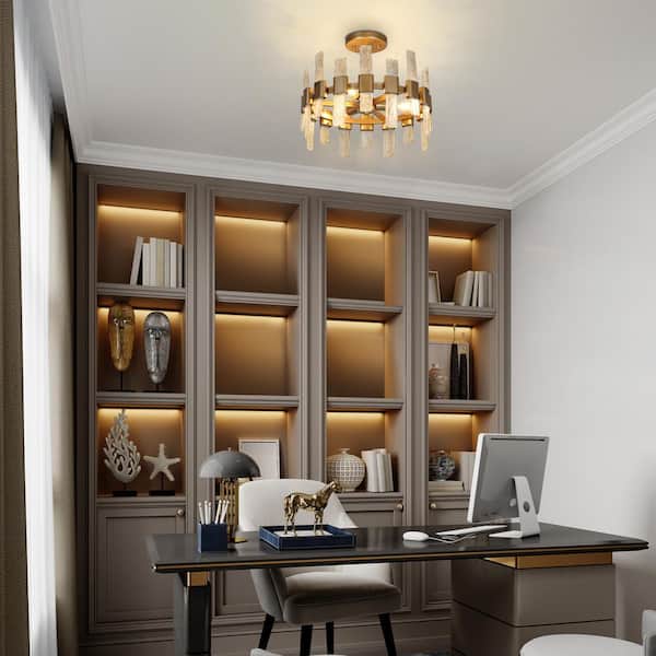 Modern Kitchen Chandelier Ceiling Light, 14.2 in. 3-Light Gold Drum Cylinder Semi-Flush Mount with Ice Glass Strips