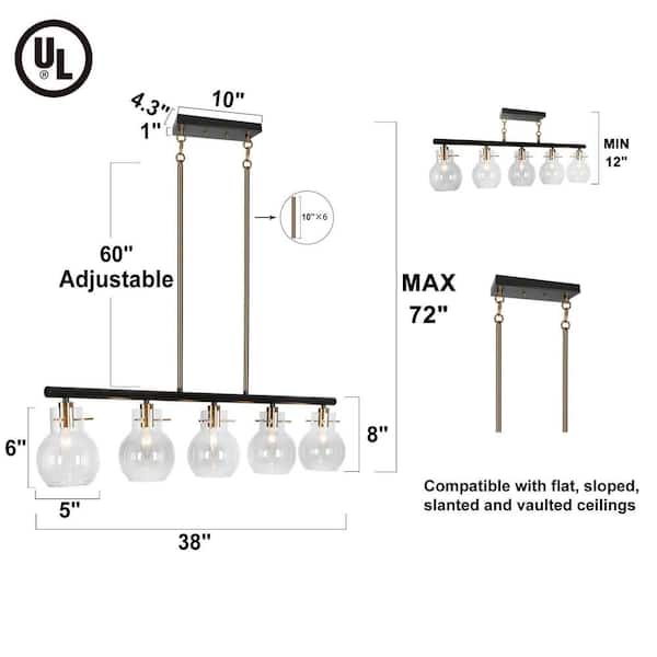 38 in. Large 5-Light Modern Black Island Chandelier, DIY Globe Pendant Light, Farmhouse Brass Dining Room Chandelier