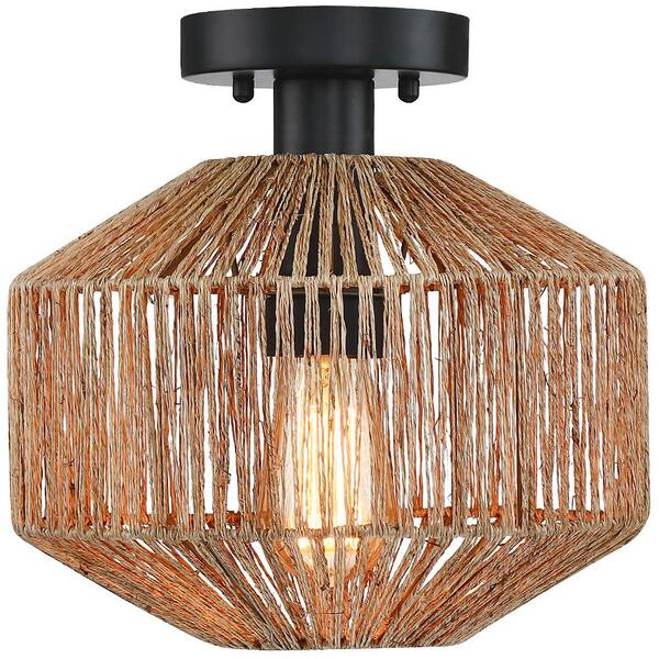 10.2 in. 1-Light Bohemian Natural Jute Rope Semi-Flush Mount Ceiling Light with Black Hardware