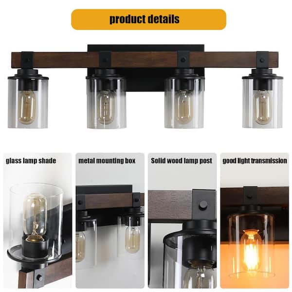 Farmhouse 4-Light Walnut and Black Wall Sconce Vanity Lights