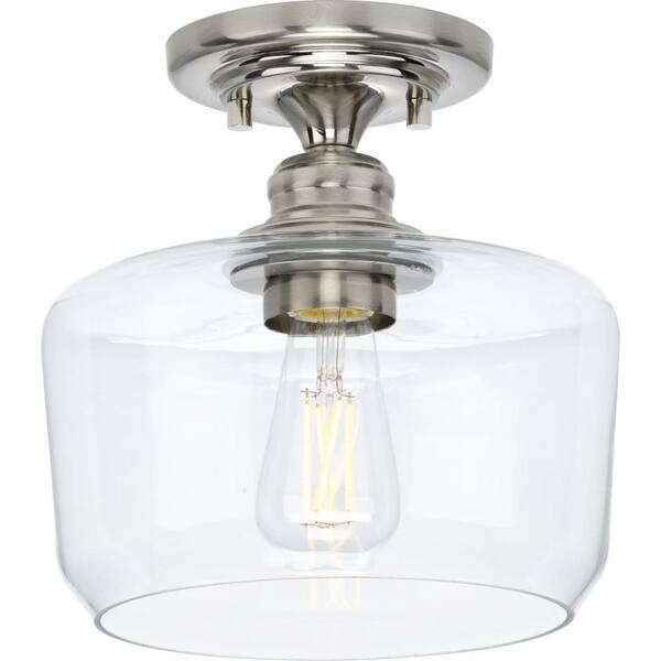 Aiken Collection 1-Light Brushed Nickel Clear Glass Farmhouse Flush Mount Light