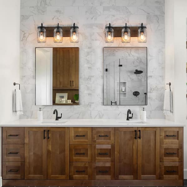 Farmhouse Bathroom Vanity Light 3-Light Black Powder Room Wall Sconce with Brown Faux Wood Accent Clear Mason Jar Shades