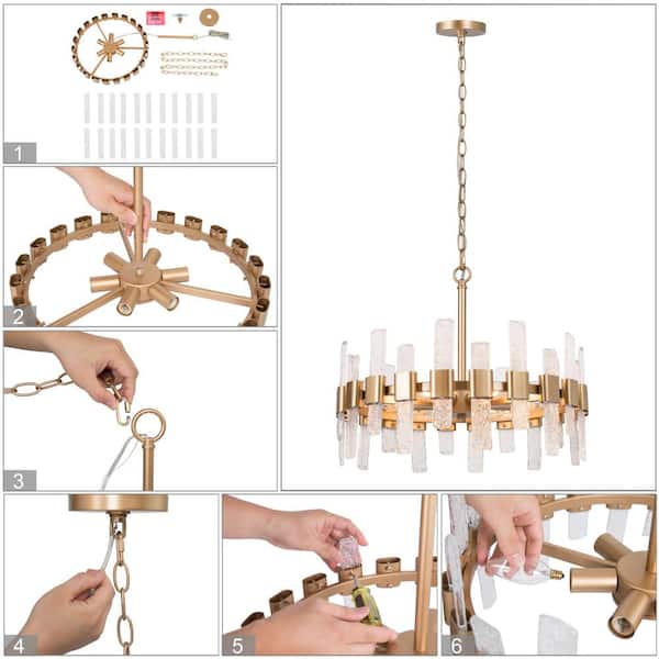 Mid-Century Modern Gold Kitchen Island Chandelier, 6-Light Glam Dining Room Ceiling Light with Icing Glass Strips