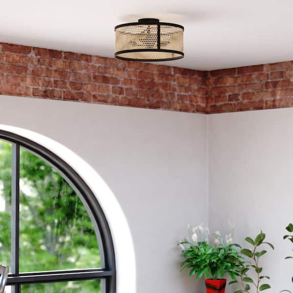 Berens 15.5 in. W Matte Black Modern Farmhouse Drum Semi Flush Mount Ceiling Light with Rattan Cane Shade