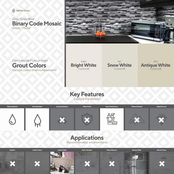 Binary Code Gray and Blue 11.625 in. x 11.625 in. Interlocking Glass and Metal Mosaic Tile (14.22 sq. ft./Case)